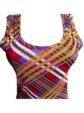 True Vintage Small Tank Top Multicolor Plaid Scoop Neck Sleeveless Stretch 1OF1